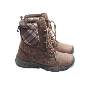 Columbia Winter Boots Womens Sz 8 Brown Leather Pink Plaid lined techlite Ankle